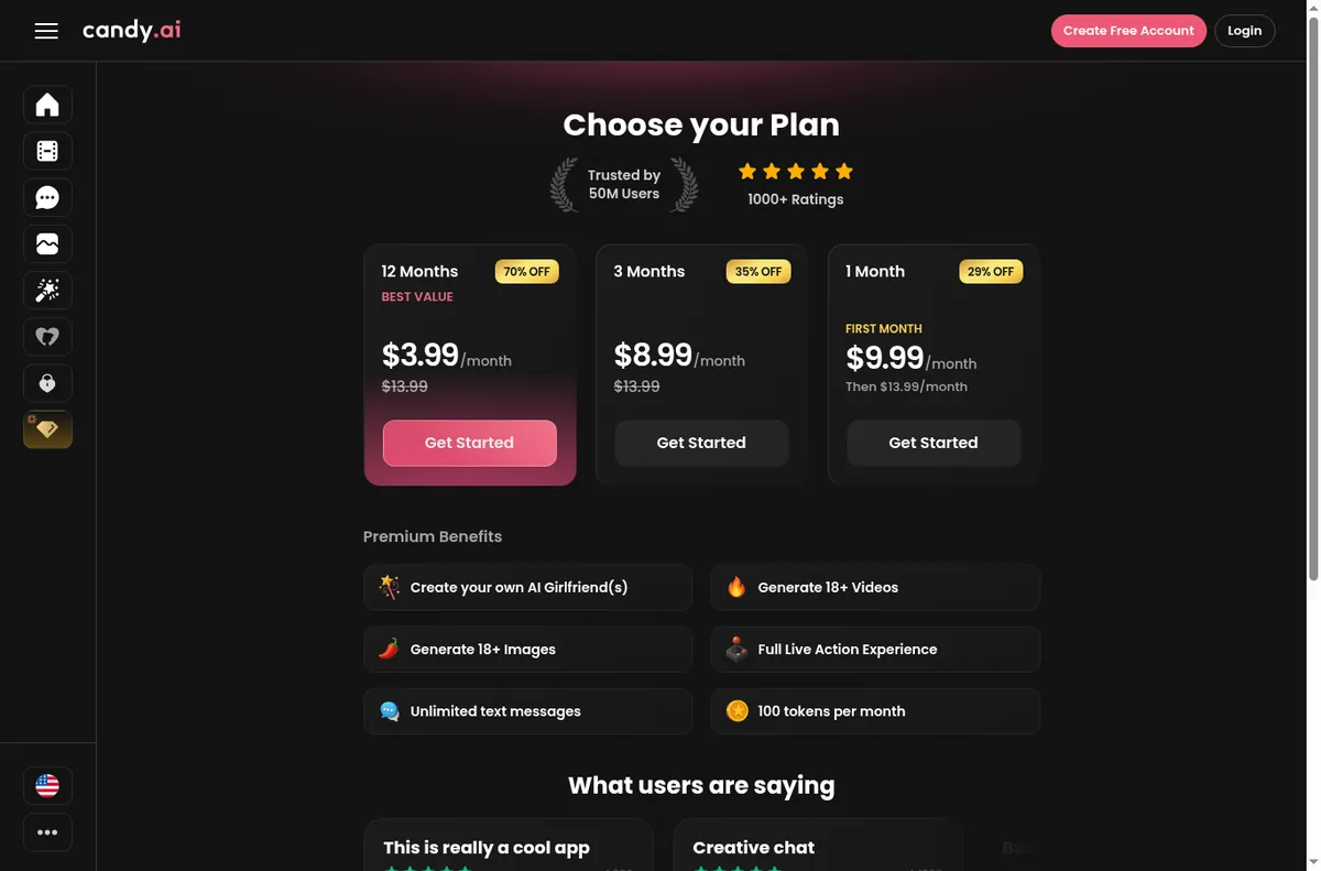 Candy AI subscription page with 12, 3 and 1 month plans