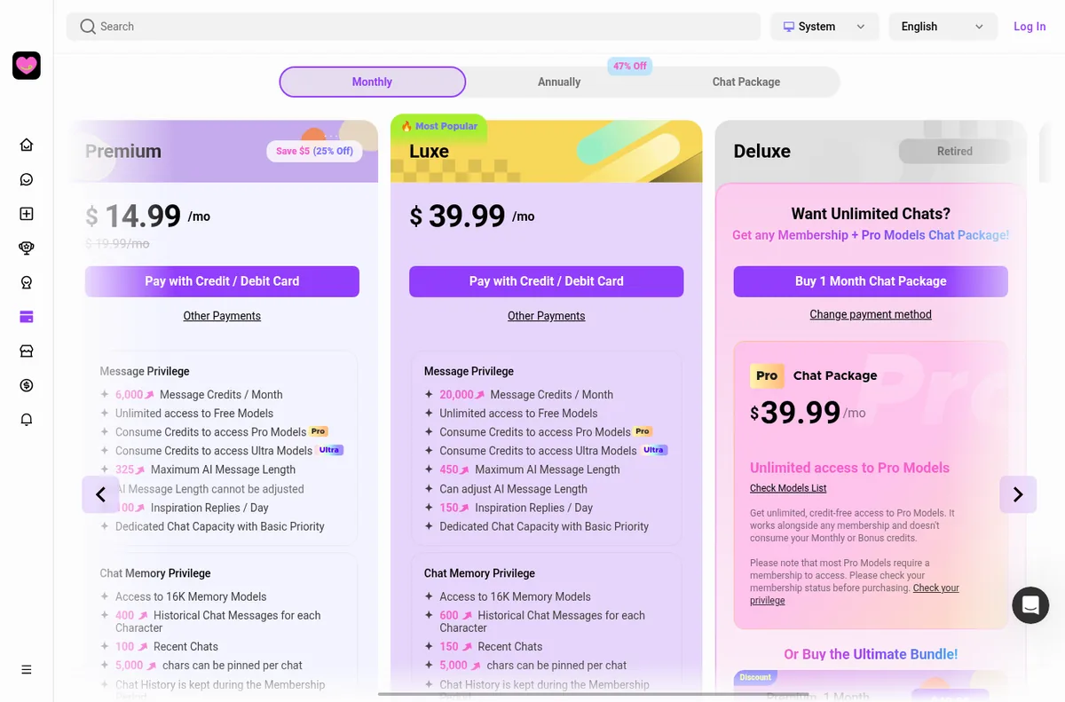 CrushOn AI pricing page with monthly plans