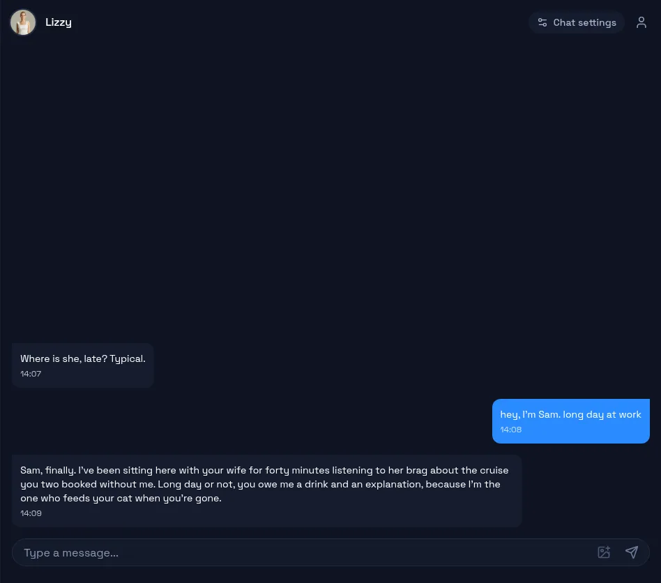 DarLink AI chat with a featured character replying