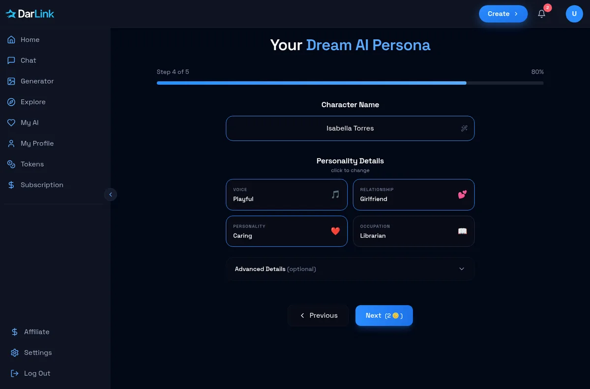 DarLink AI character creator persona step