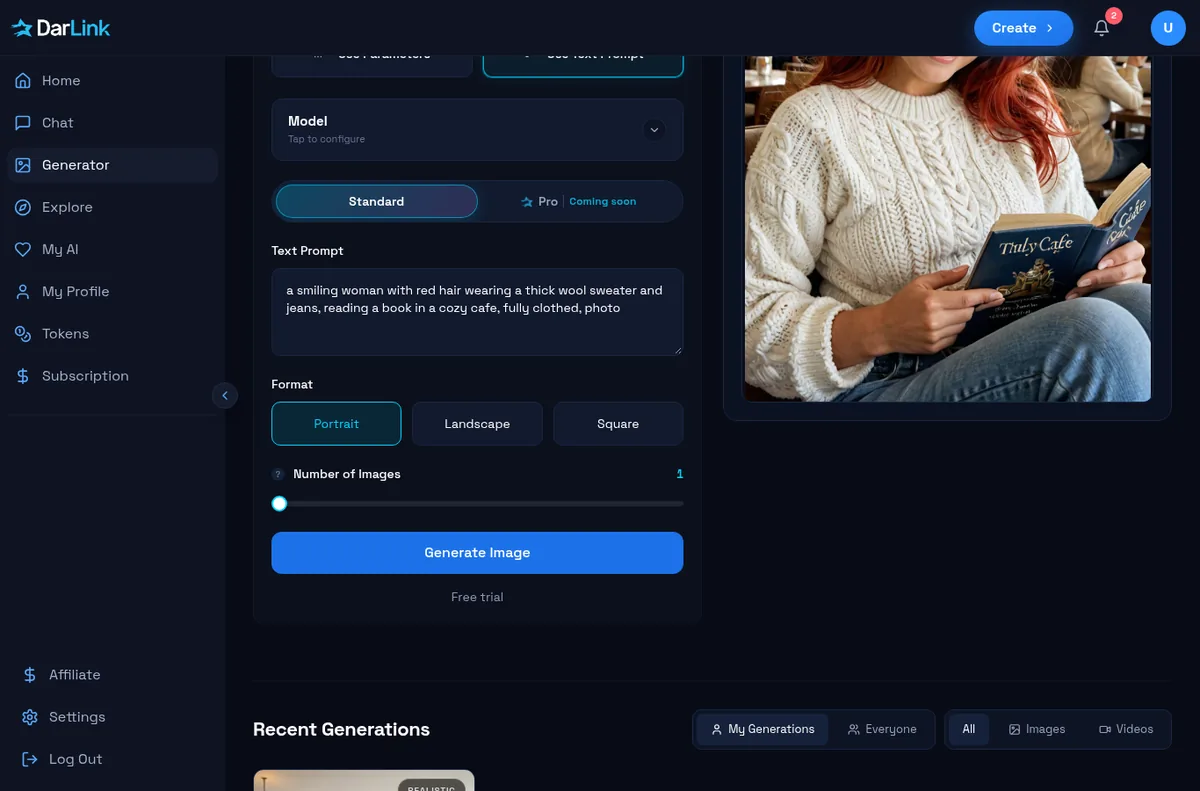 DarLink AI image generator with a free result
