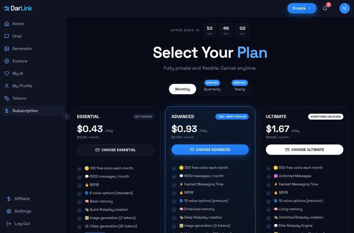 DarLink AI plan selection page with monthly prices
