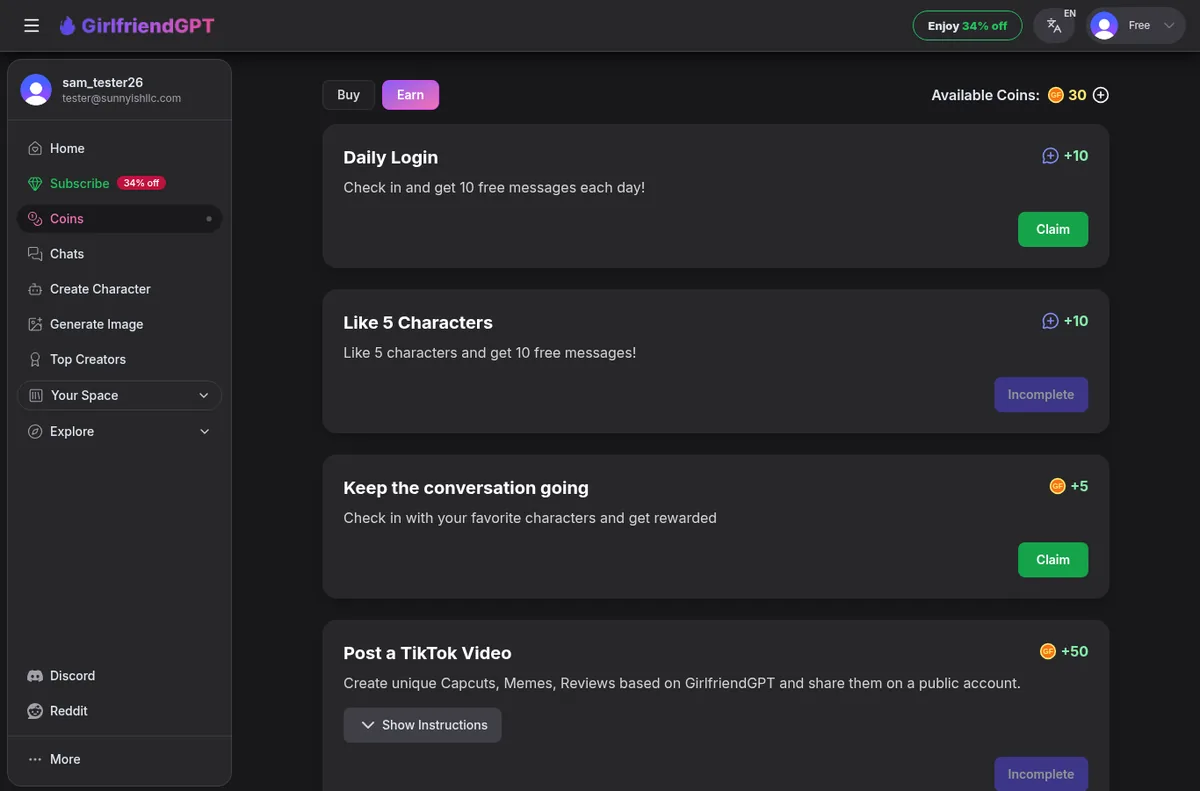 GirlfriendGPT earn tab with free message rewards