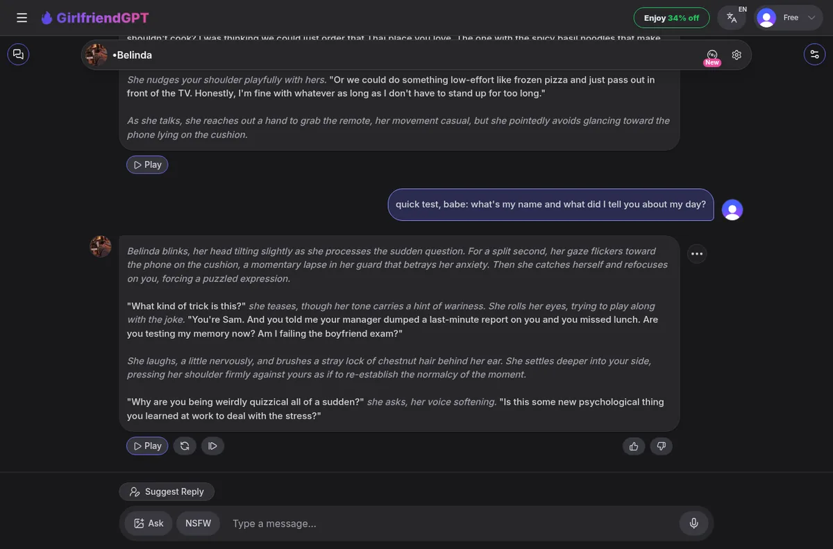 GirlfriendGPT reply that remembers the user name and story
