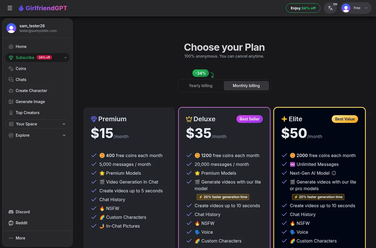GirlfriendGPT plan page with monthly prices