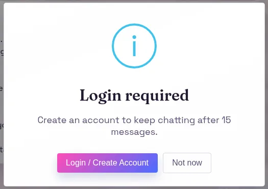 Muah AI popup: create an account to keep chatting after 15 messages