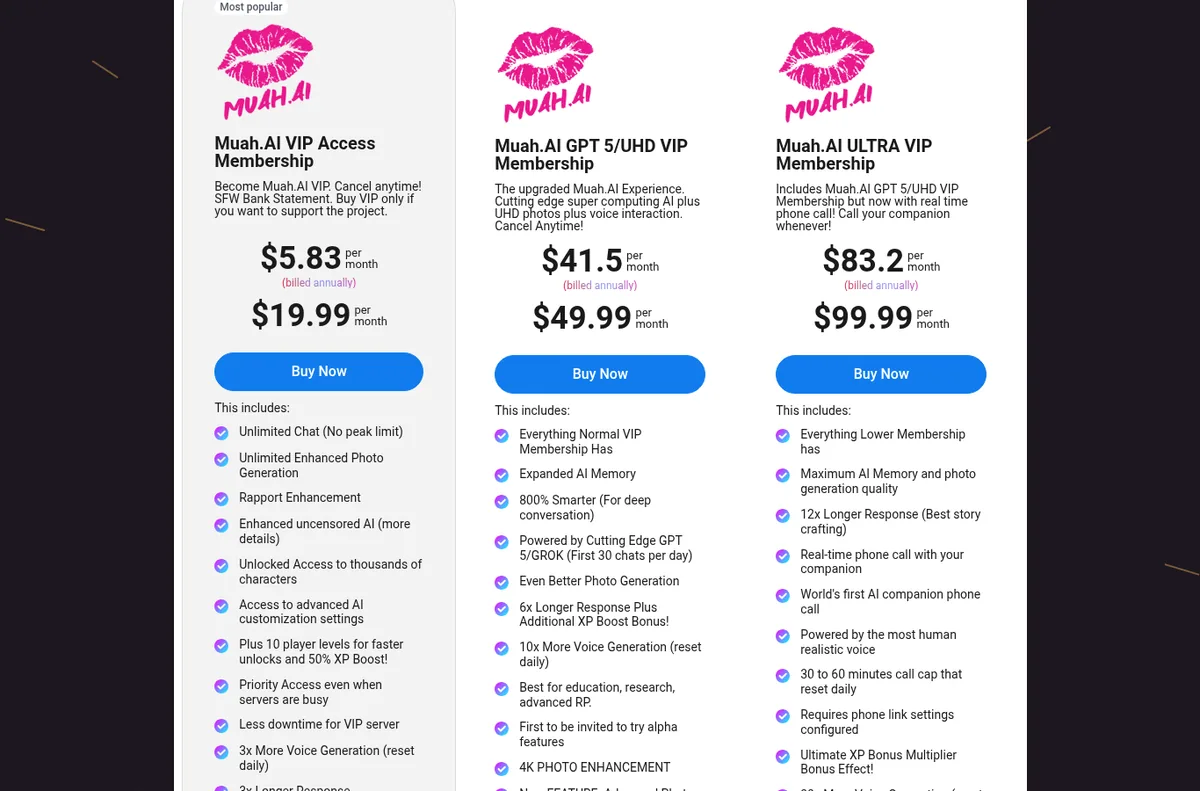 Muah AI VIP plans with monthly and yearly prices