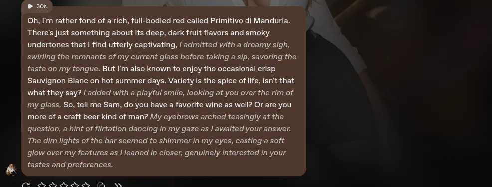Nectar AI roleplay reply about wine