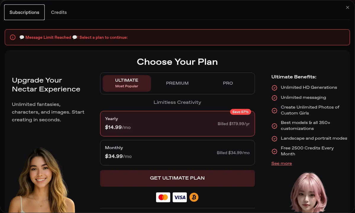 Nectar AI message limit reached popup with plans