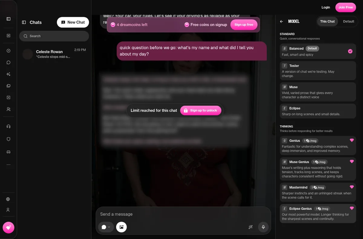 OurDream AI chat model picker