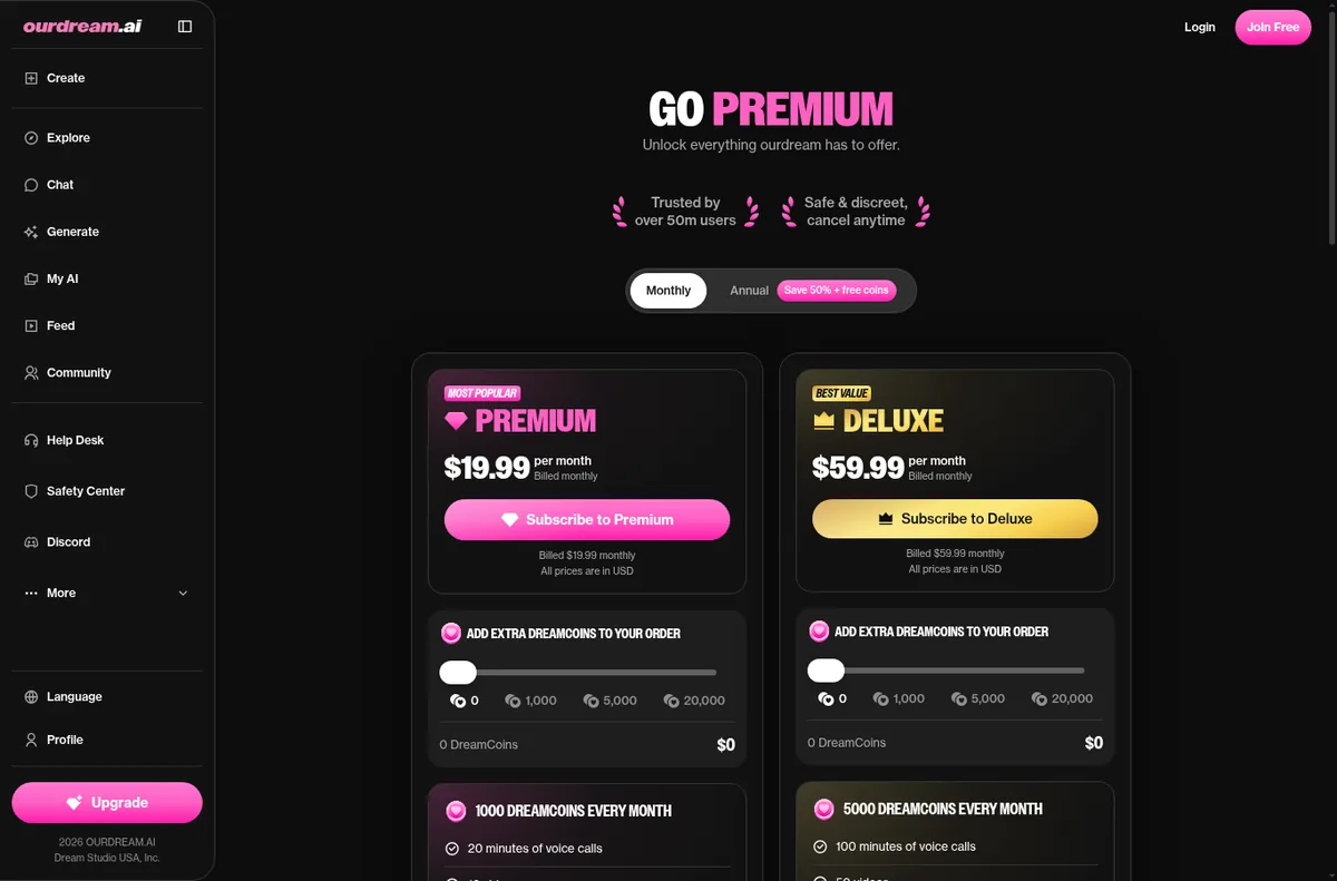 OurDream AI upgrade page with Premium and Deluxe plans