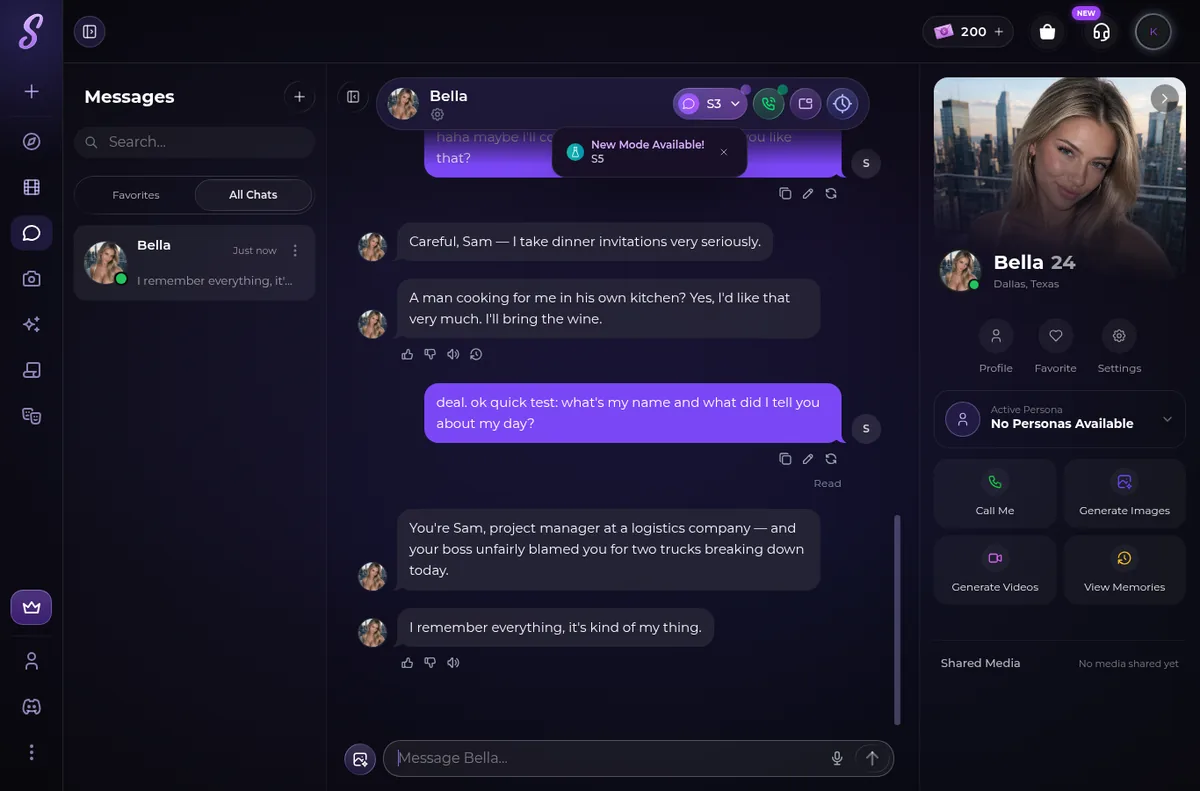 Secrets AI companion recalling the user name, job and story