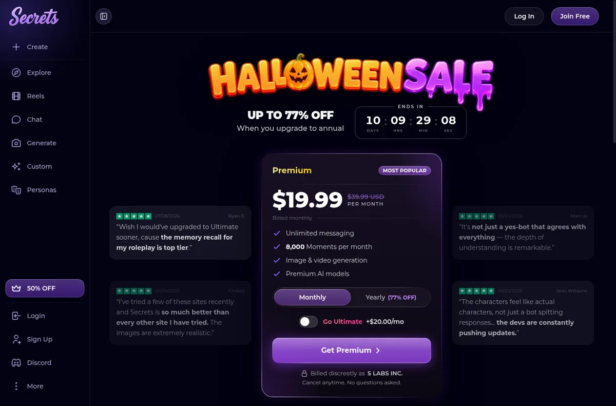 Secrets AI store page with the Premium plan