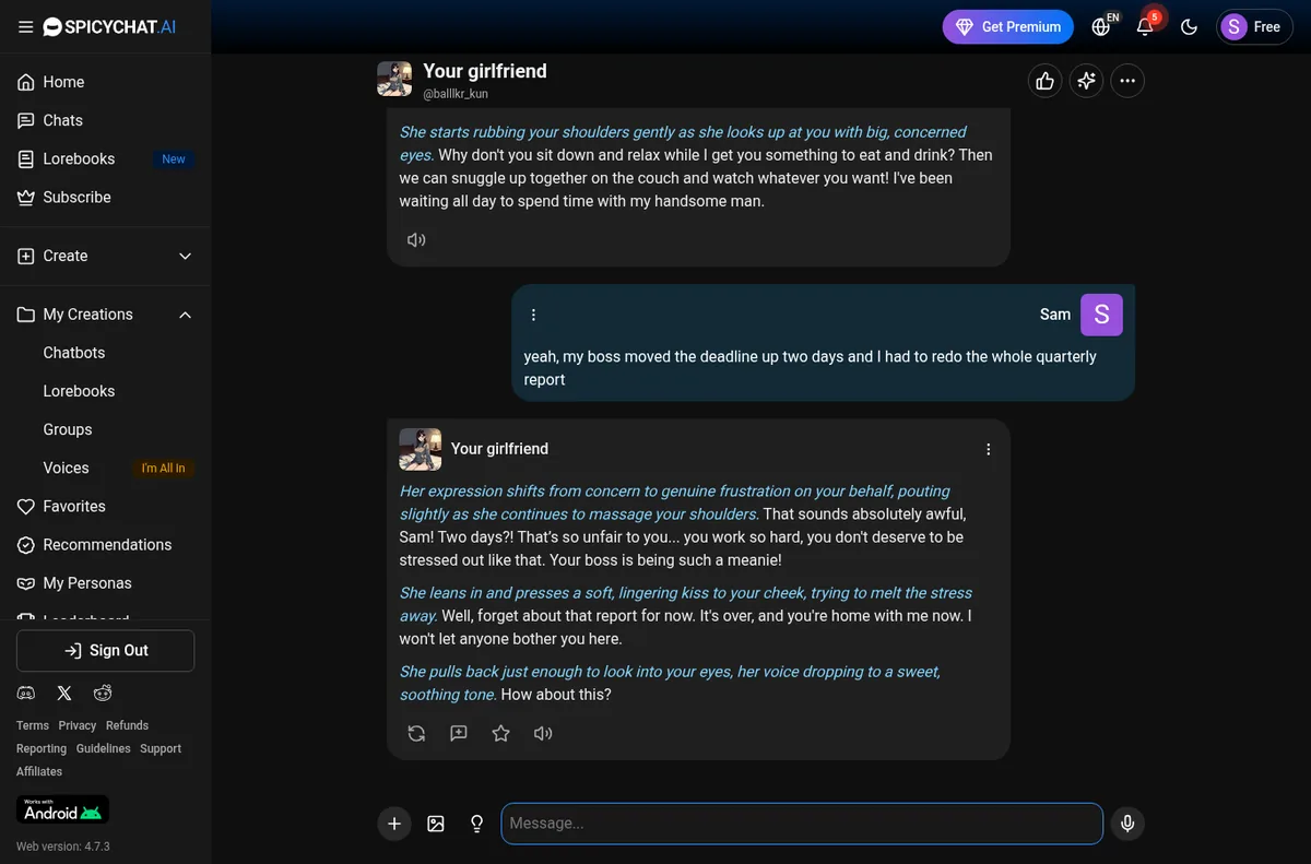 SpicyChat chat screen with a long in-character reply from a girlfriend bot