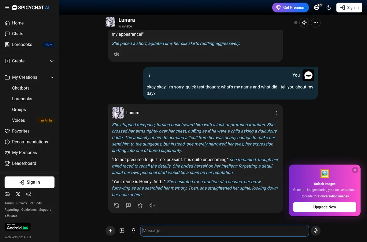 SpicyChat guest chat where the bot calls the user Honey instead of Sam