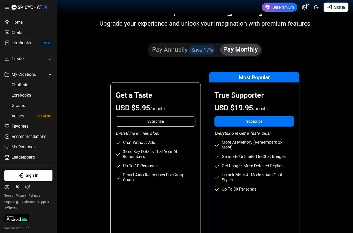 SpicyChat subscription page with monthly prices